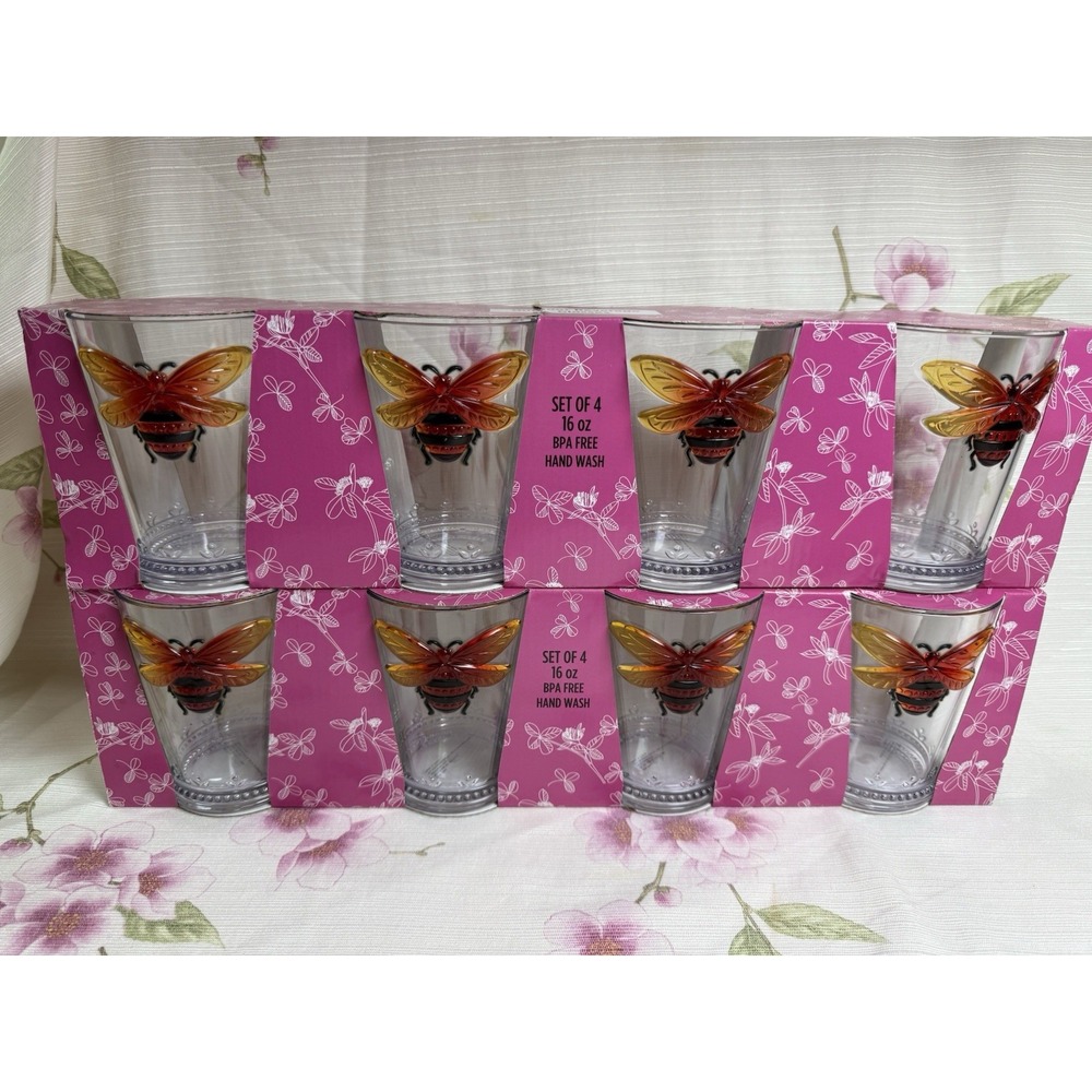 Outdoor Plastic Bee Tumblers Set of 8 Amber Red 16 oz BPA Free